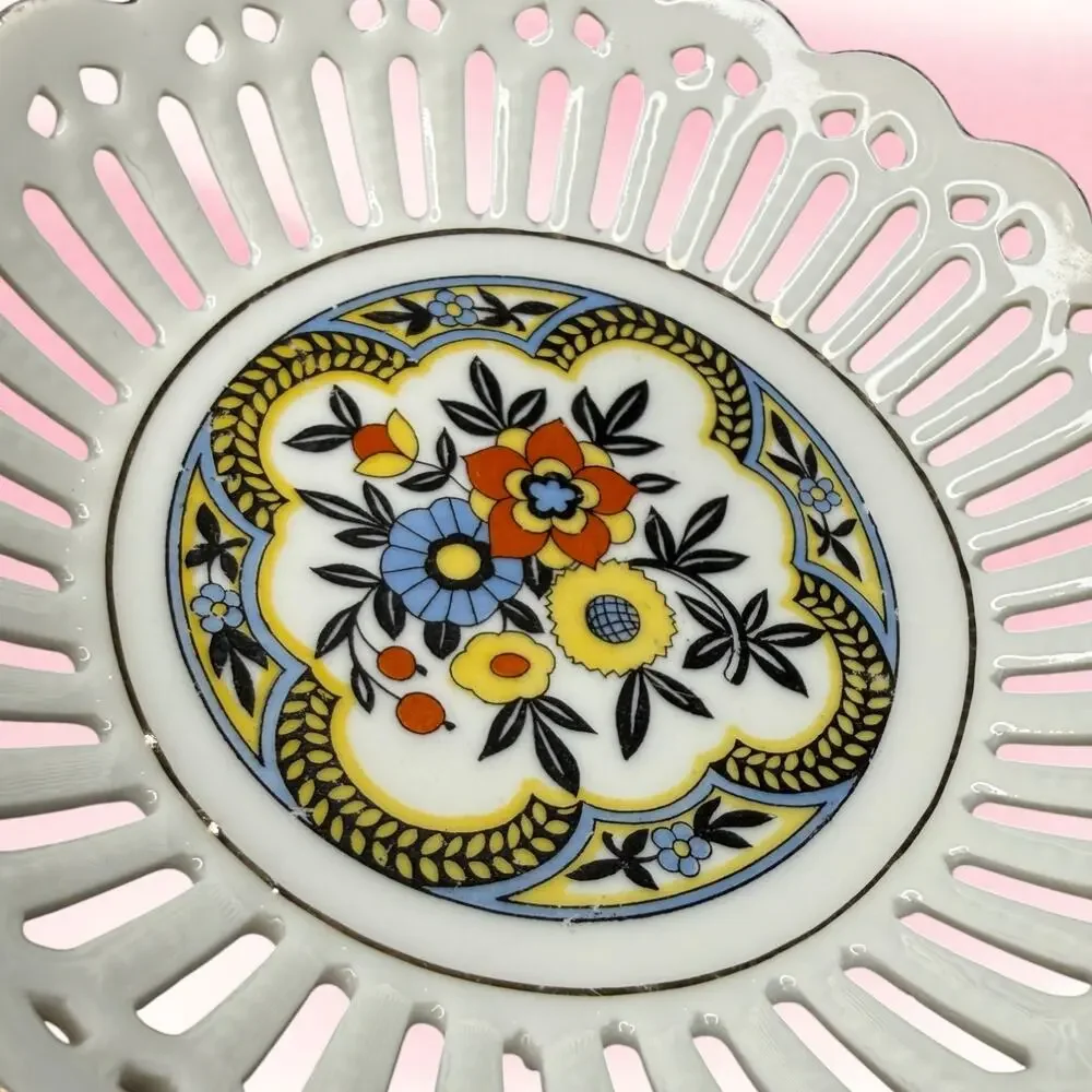 Vintage Germany Reticulated Lattice Floral Bowl Gold Trim Art Deco 5 Inch
